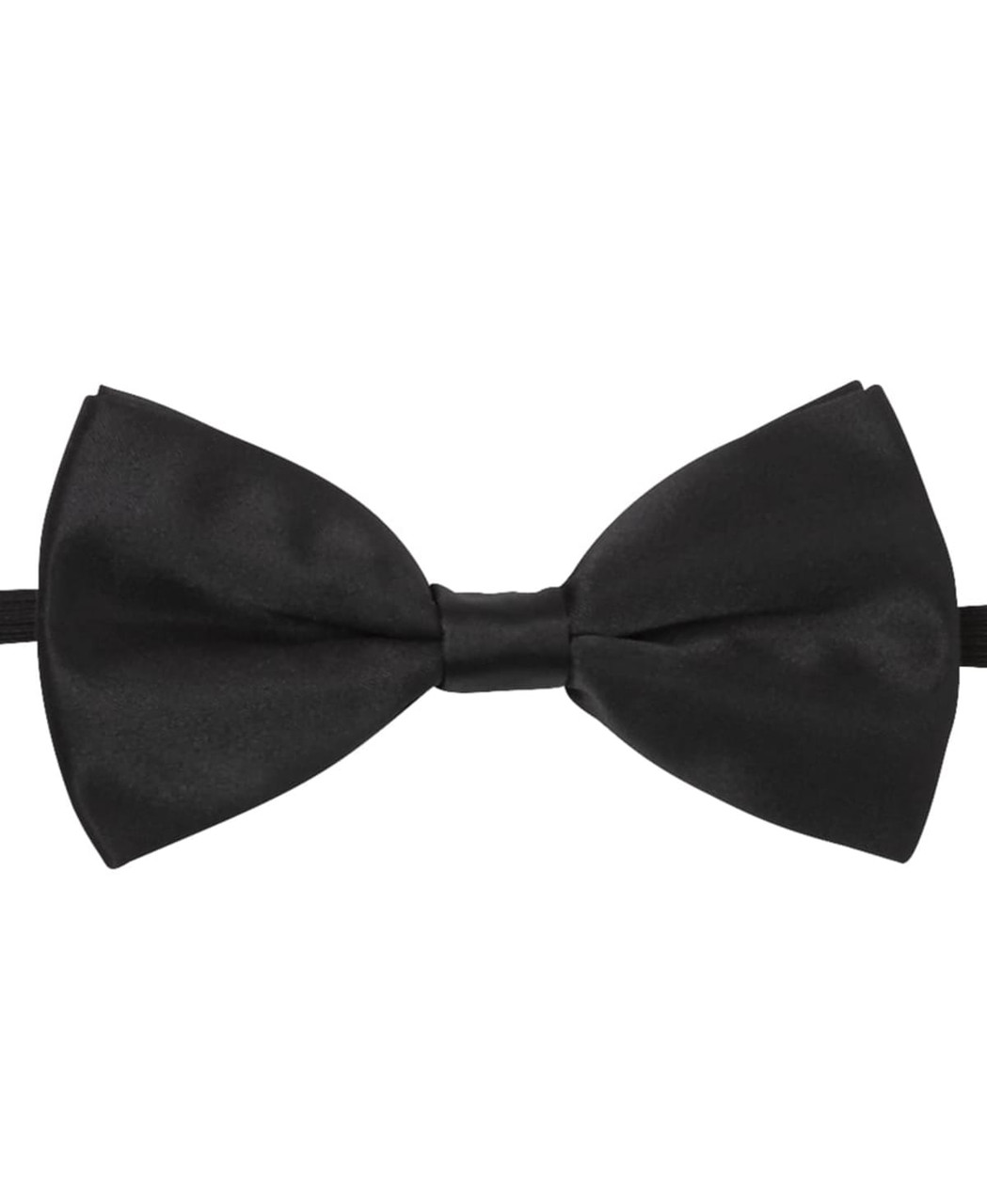 A black satin bow tie with a central knot, featuring a smooth surface and an adjustable strap.