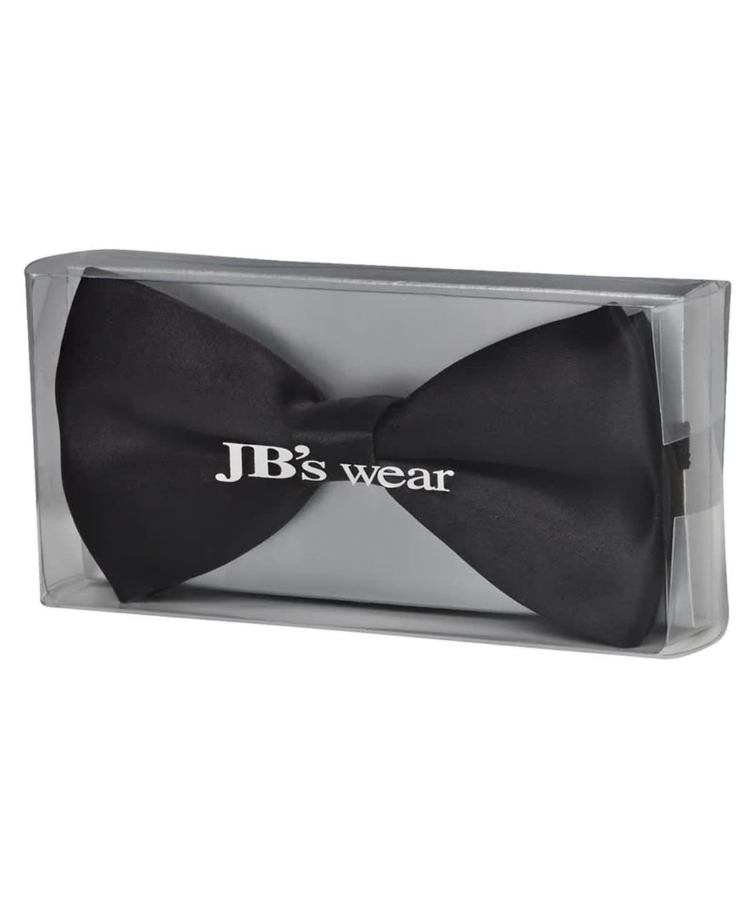 A black bow tie packaged in a clear box, featuring a logo on the front.