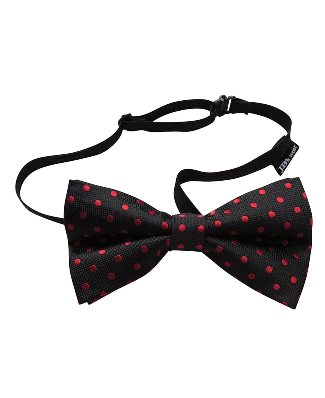 A black bow tie with red polka dots, featuring an adjustable strap and a brand logo.