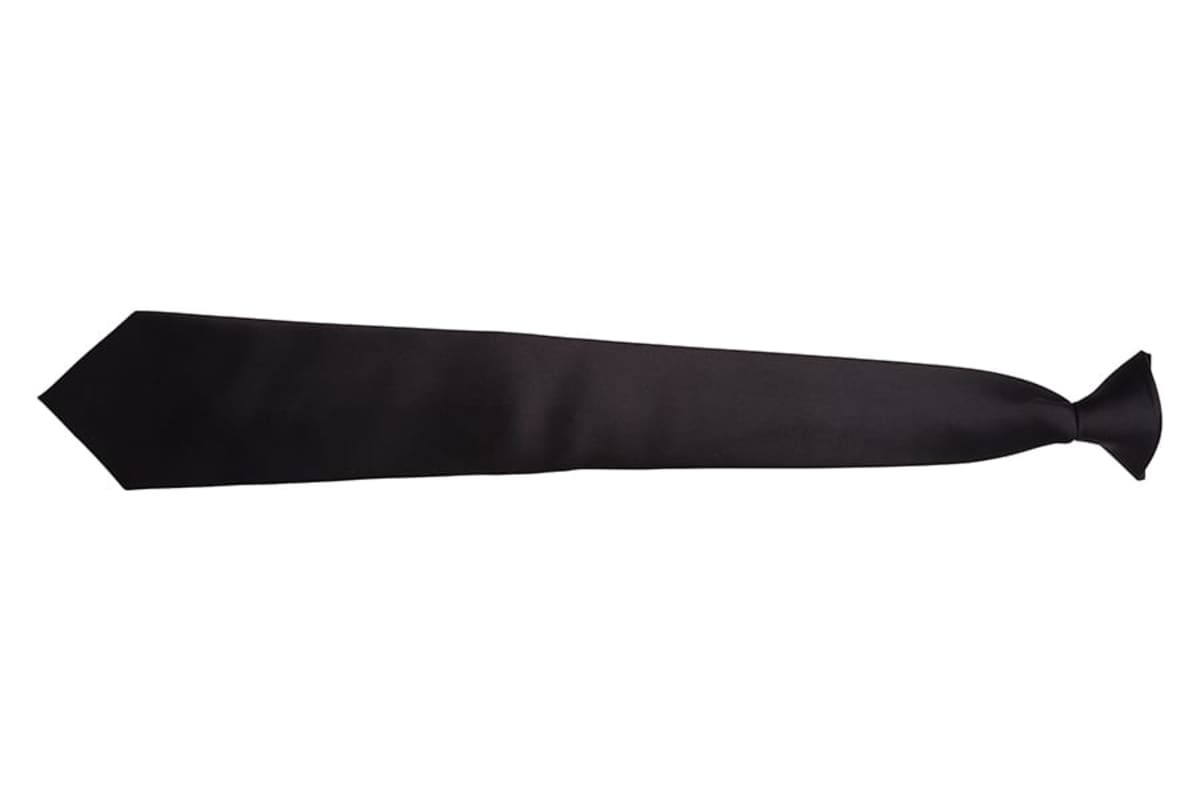 A black clip-on tie with a smooth finish and pointed end, ideal for formal occasions.