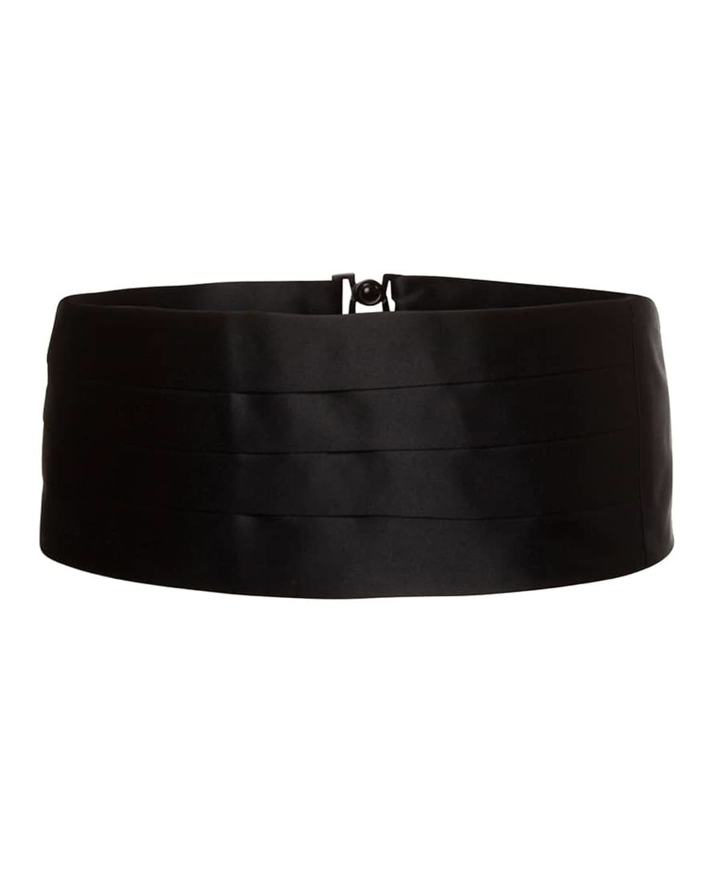 A black cummerbund with pleated design, featuring a fastening clip at the back. It has a smooth fabric texture.