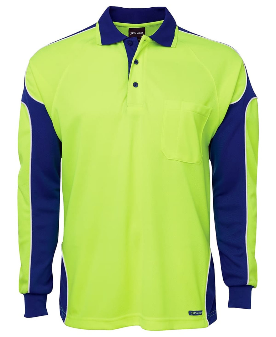 A long-sleeve polo shirt in bright yellow and navy blue, featuring a chest pocket and contrasting sleeve panels.