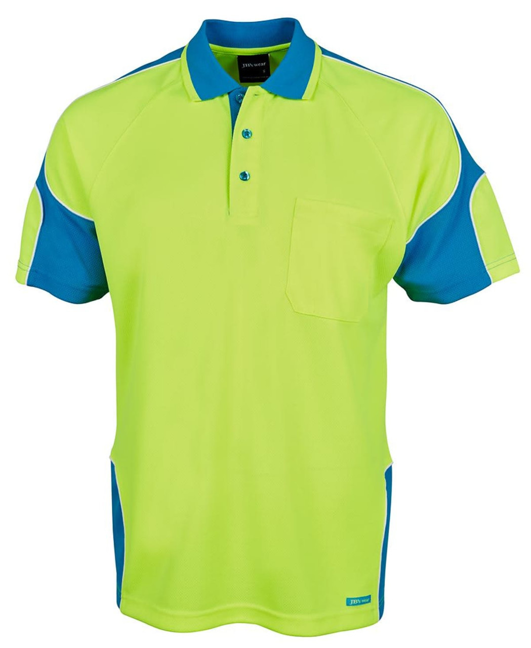 A bright yellow-green polo shirt with blue accents and a pocket, featuring a logo on the front.