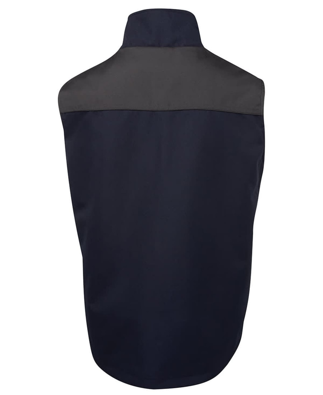 A navy vest with a dark grey shoulder panel and a high collar. It features a logo on the back.