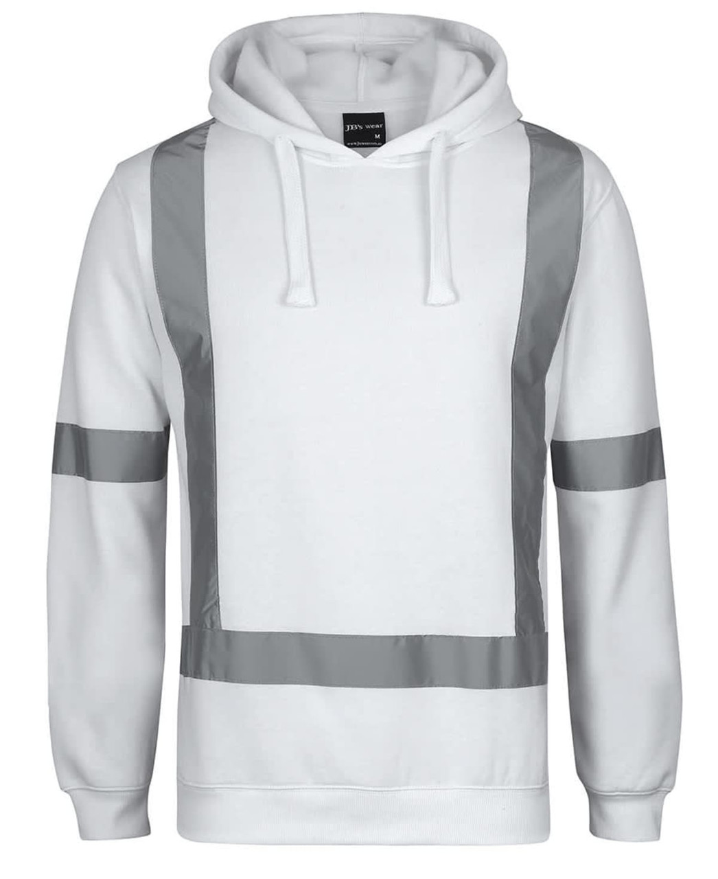 A white fleece hoodie featuring reflective tape details and a front pocket, with a logo on the label.