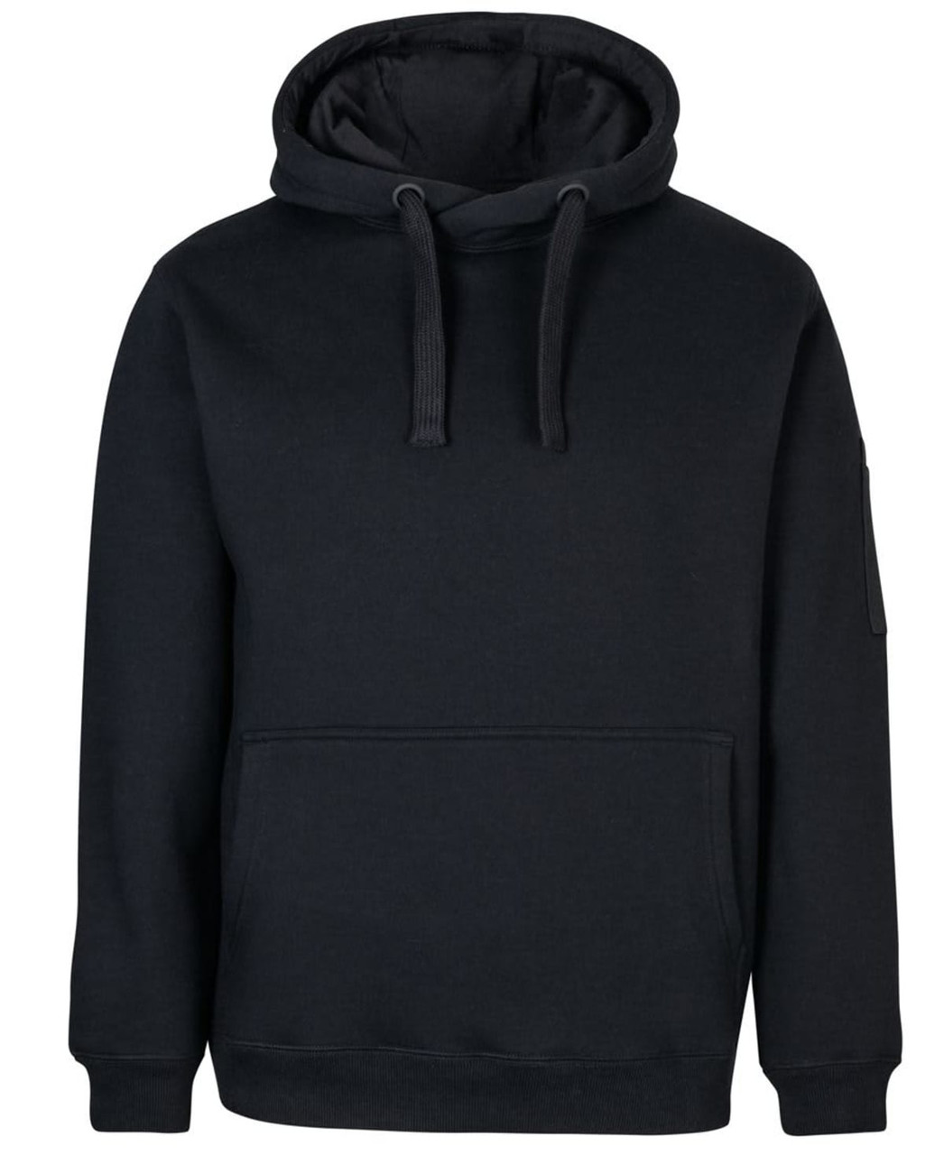 A black work hoodie featuring a front pocket and a hood, with a logo on the sleeve.
