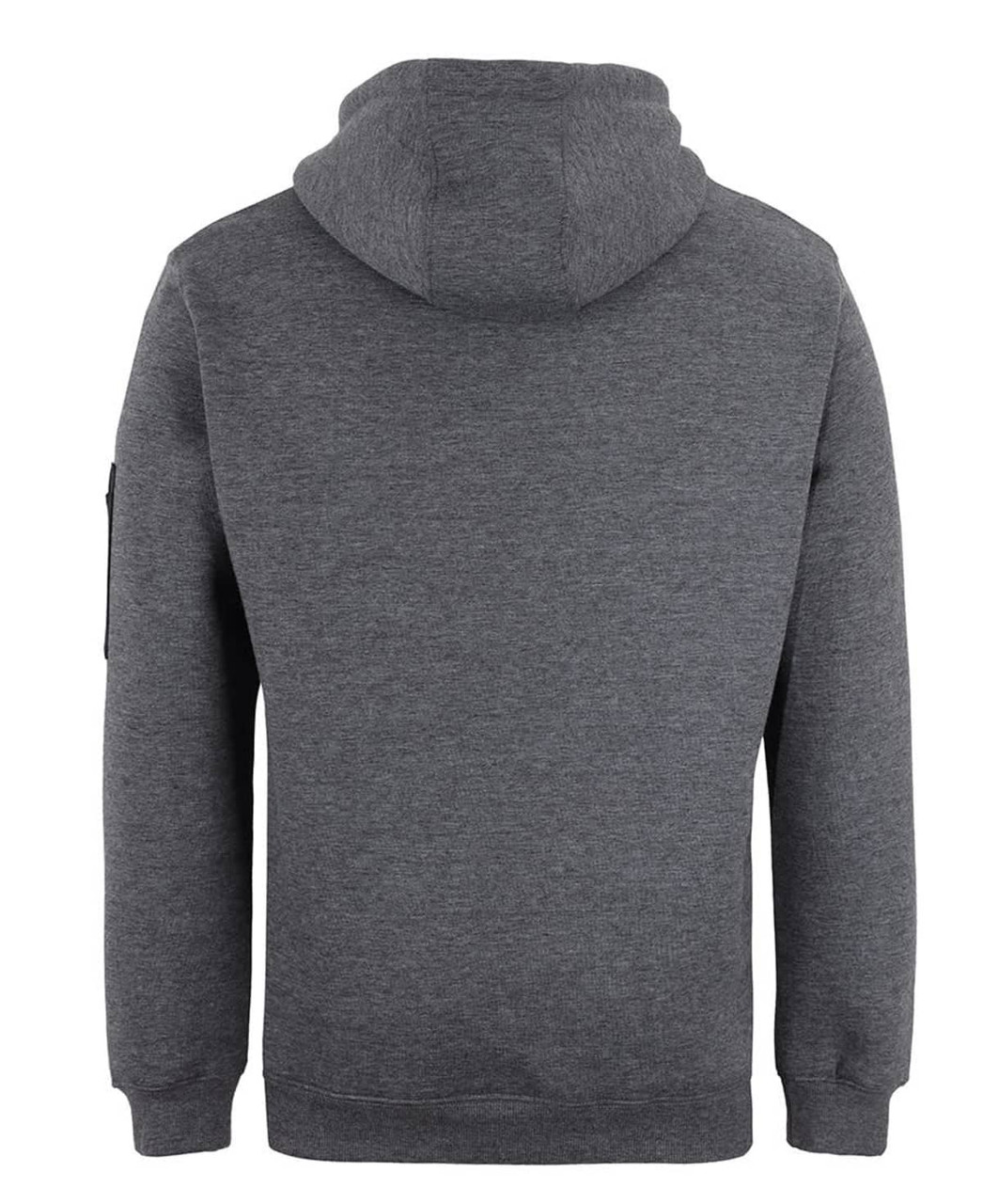 A grey work hoodie featuring a hood and long sleeves, with a logo on one sleeve.