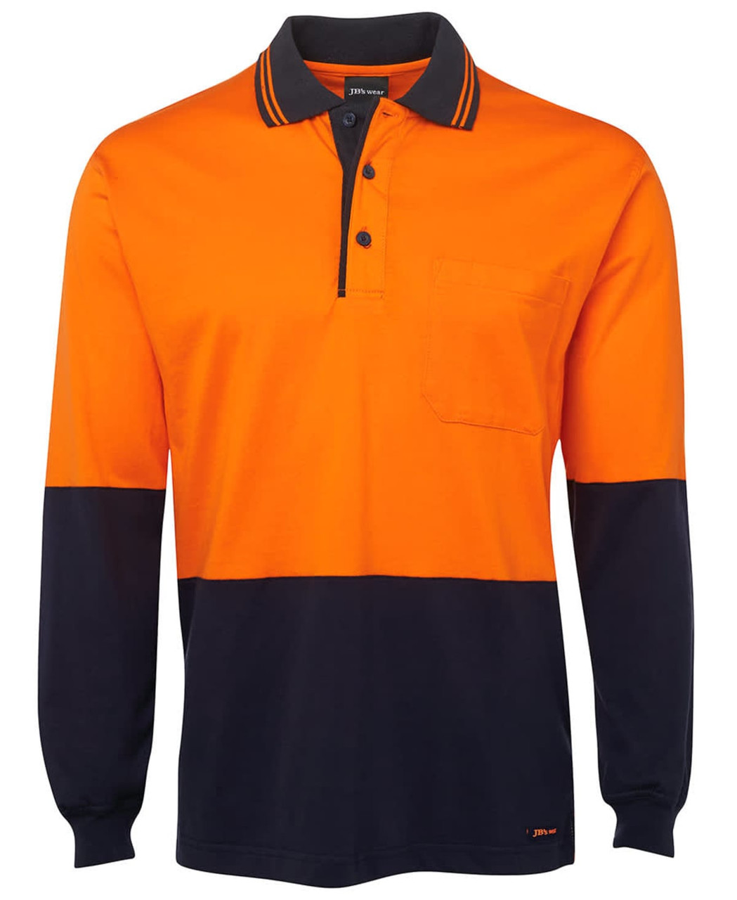 A long-sleeved cotton polo shirt featuring orange and navy panels, with a collar and a chest pocket, plus branding.