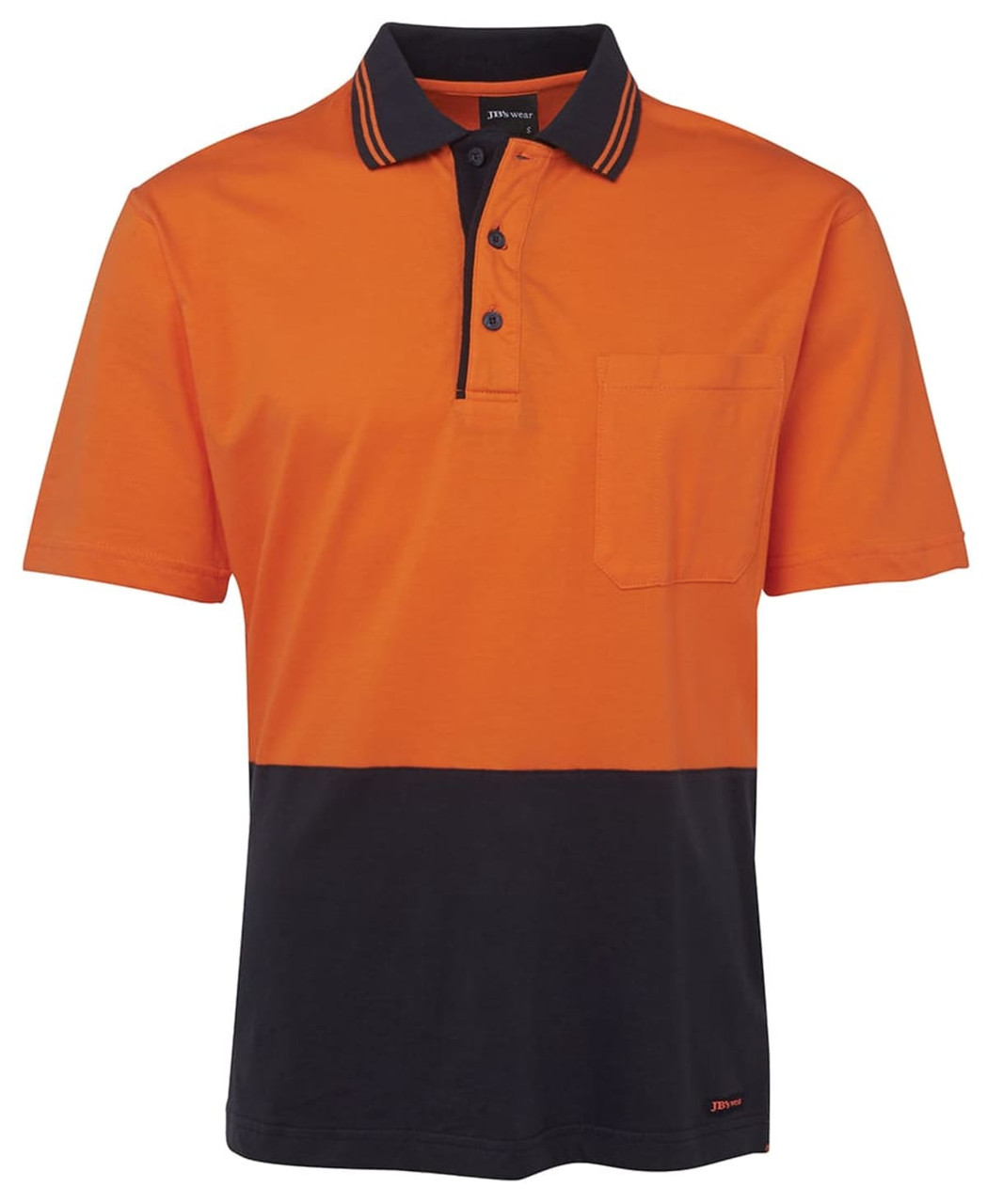 An orange and navy cotton polo shirt featuring a collar, buttons, and a pocket, with a logo.