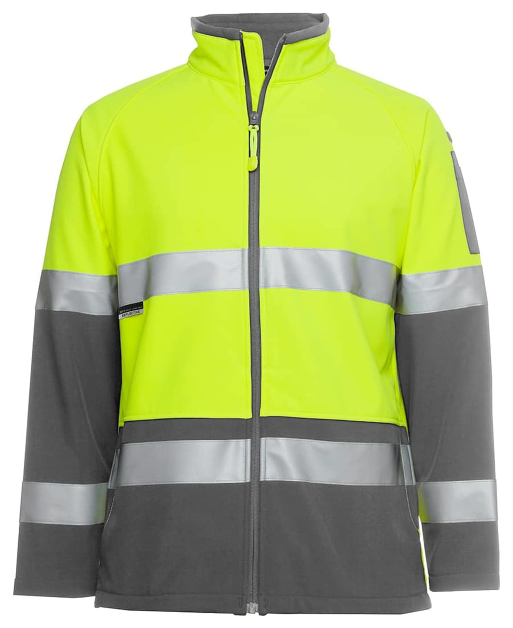 A fluorescent yellow and grey softshell jacket with reflective strips and a logo on the sleeve.