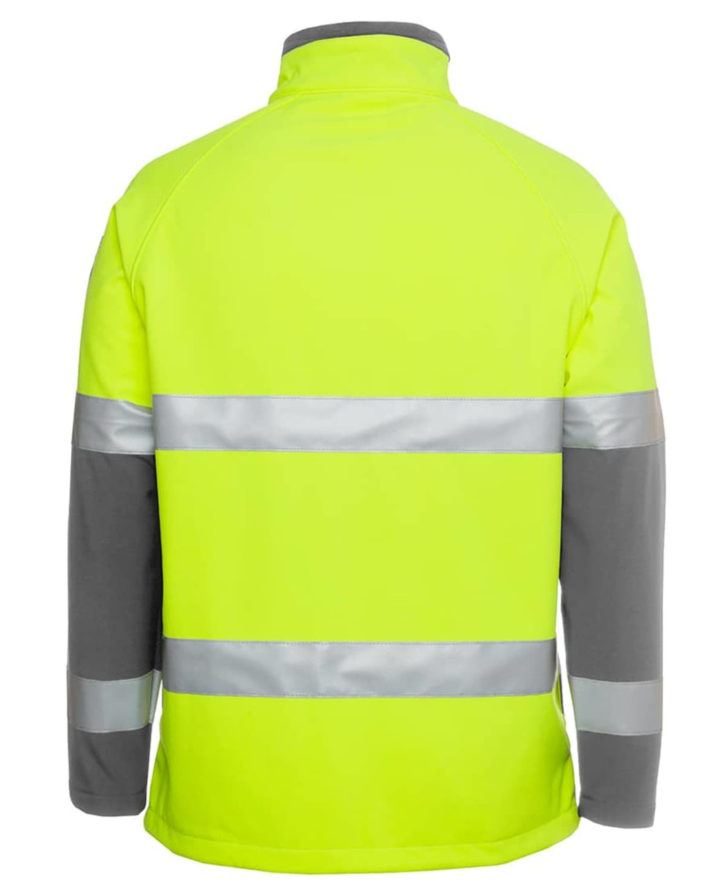 A high-visibility softshell jacket in bright yellow with grey sleeves and reflective strips on the back.