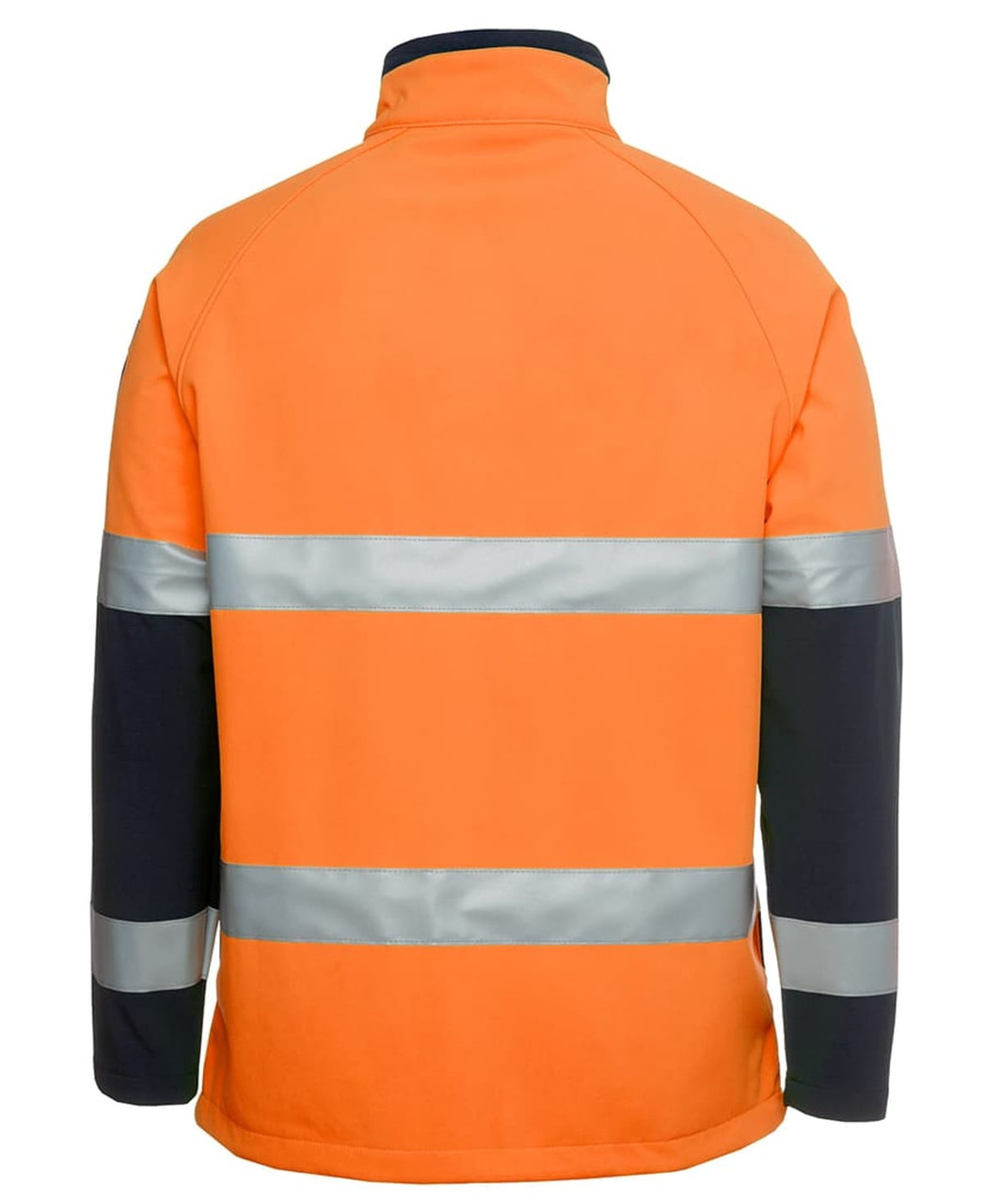 An orange and navy softshell work jacket featuring reflective stripes and a logo.