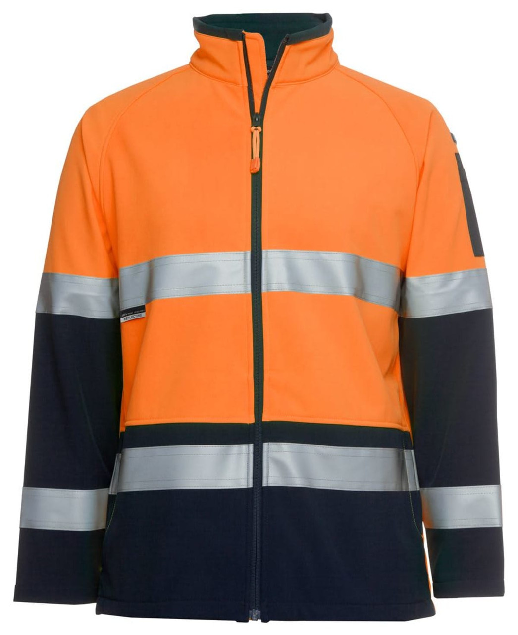 An orange and navy softshell jacket featuring reflective strips and a zip front. It has a logo on the sleeve.