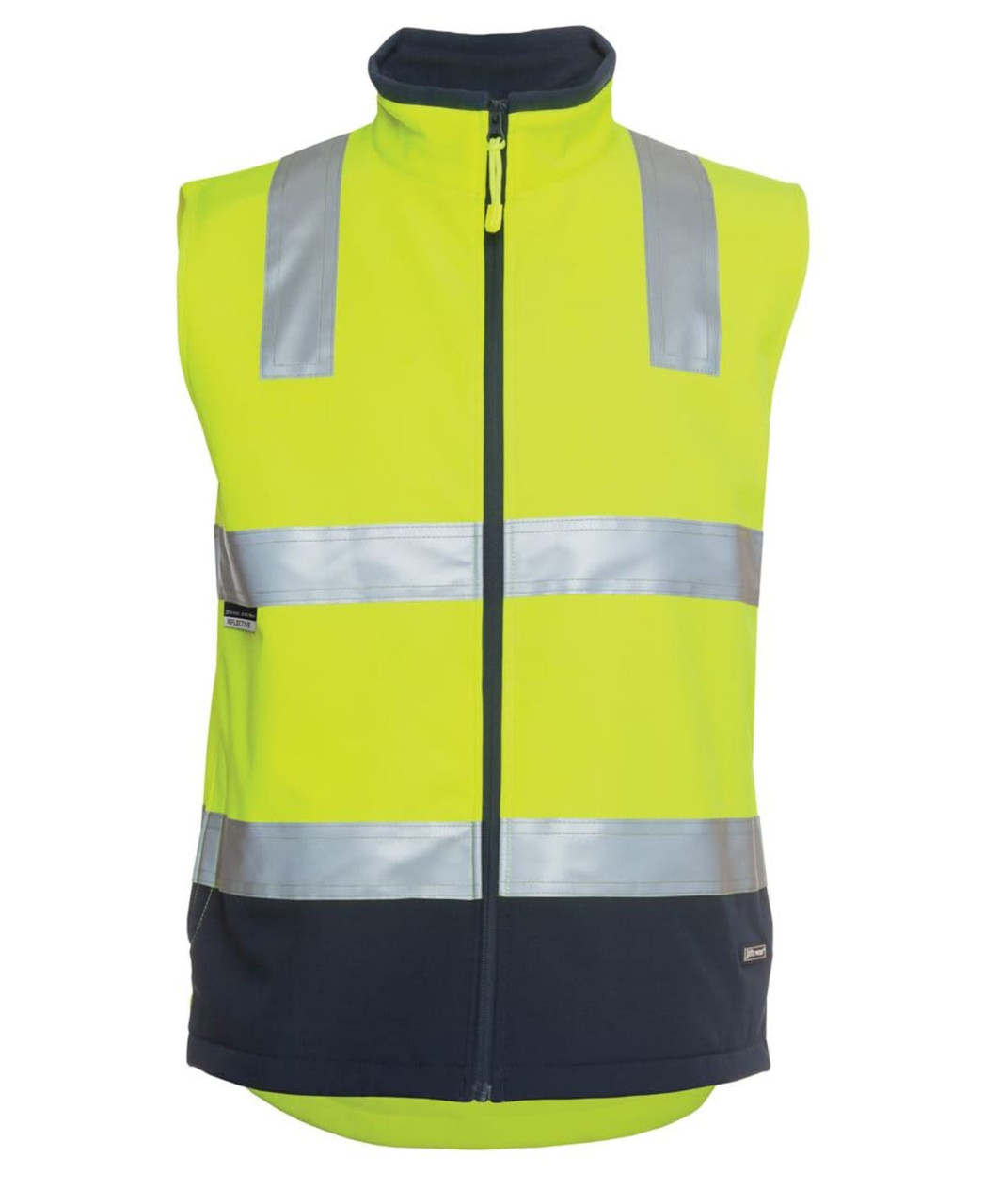 A high-visibility softshell vest in fluorescent yellow with navy detailing and reflective stripes, featuring a logo.