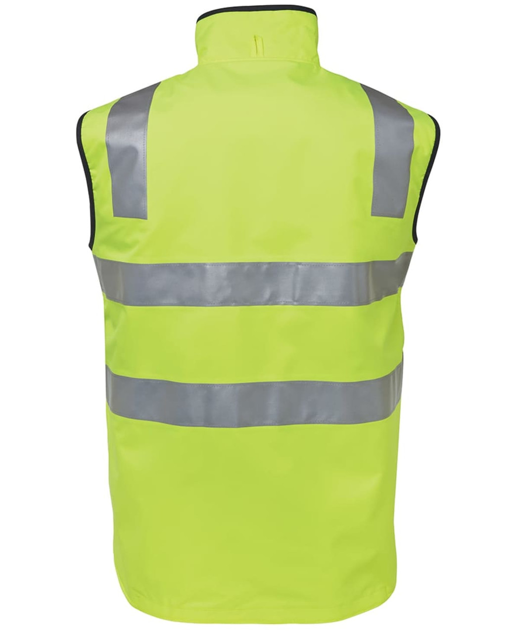 A high-visibility vest in bright yellow with reflective stripes, featuring a collar and a simple design.