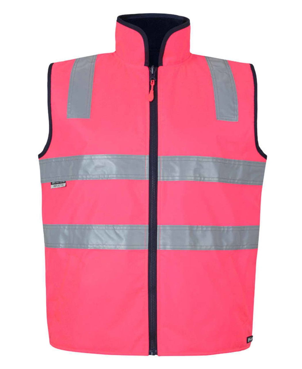 A bright pink vest with reflective stripes and a front zipper. Features a high neck and a branding logo.