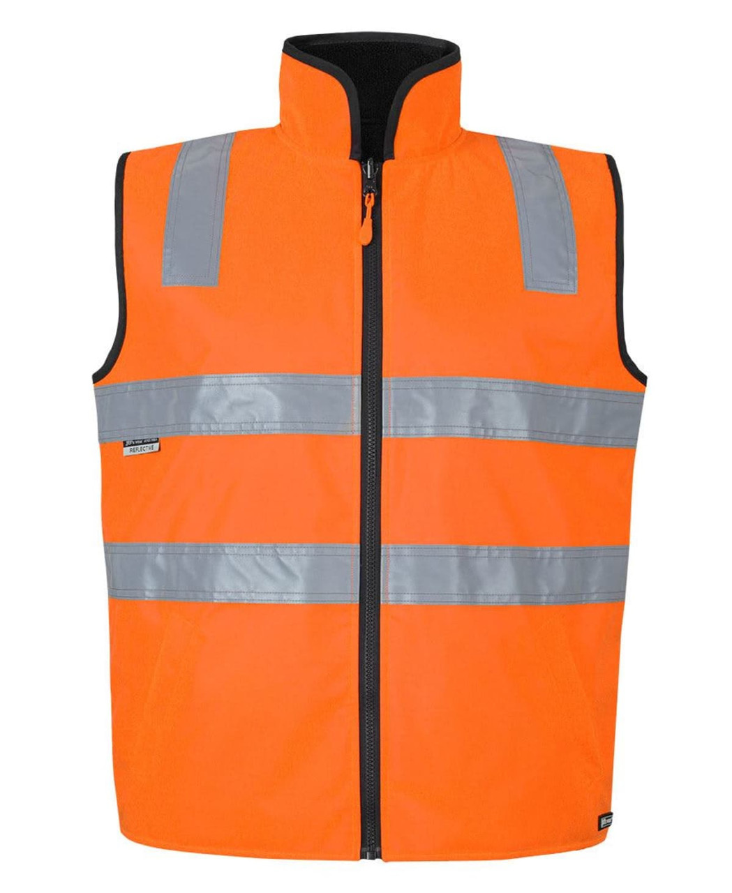 An orange safety vest featuring reflective stripes, designed for visibility and safety, with a front zipper and black collar.