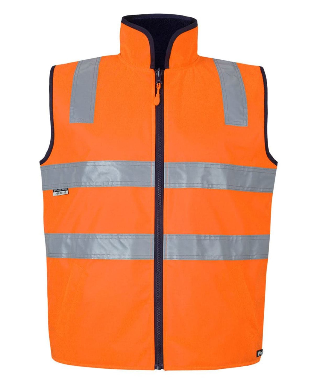 High-visibility orange vest with reflective stripes and a zip-up front, designed for safety wear. Features a logo.