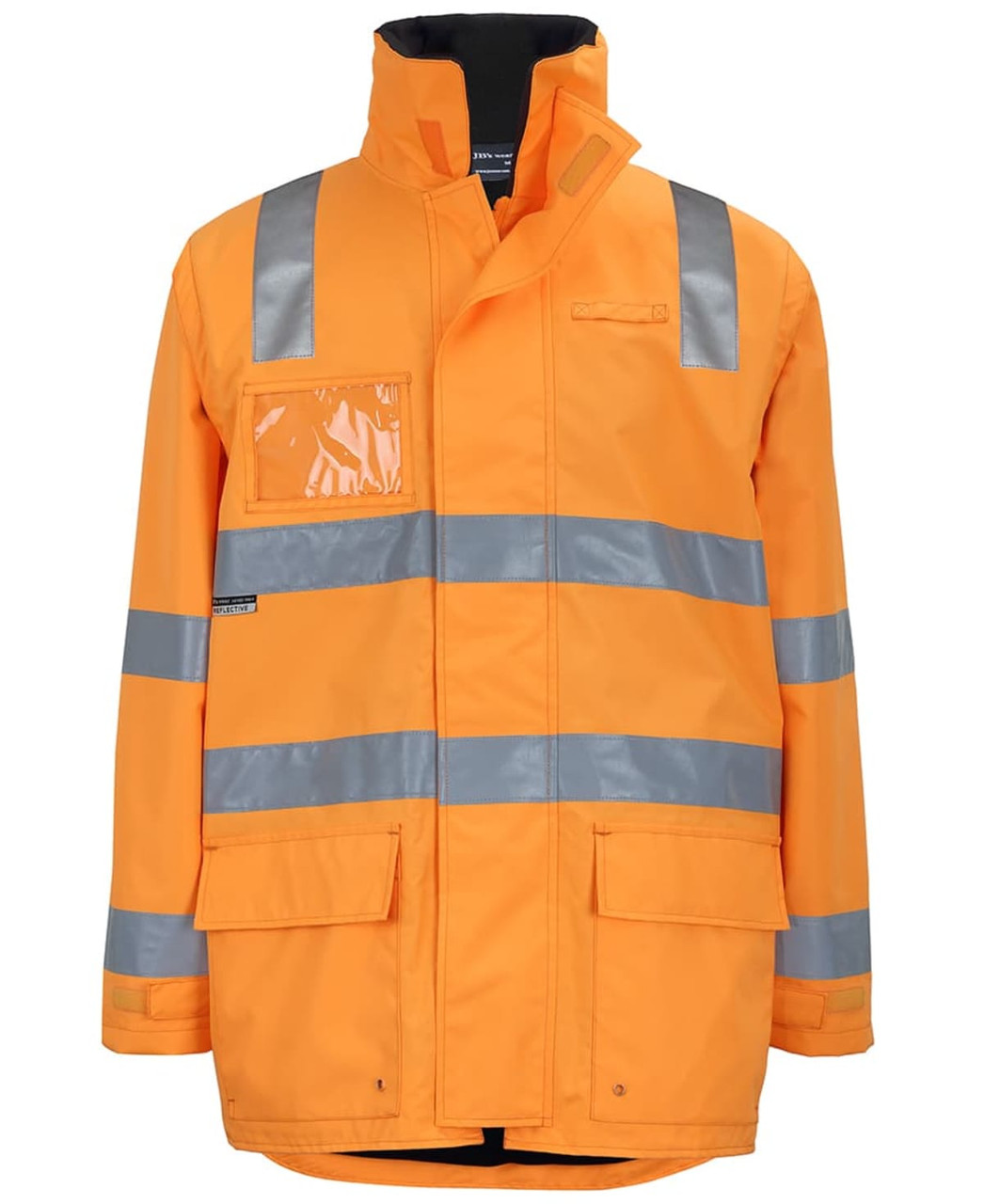An orange work jacket with reflective stripes and a front pocket, featuring a logo. Zipper and zip-off sleeves included.