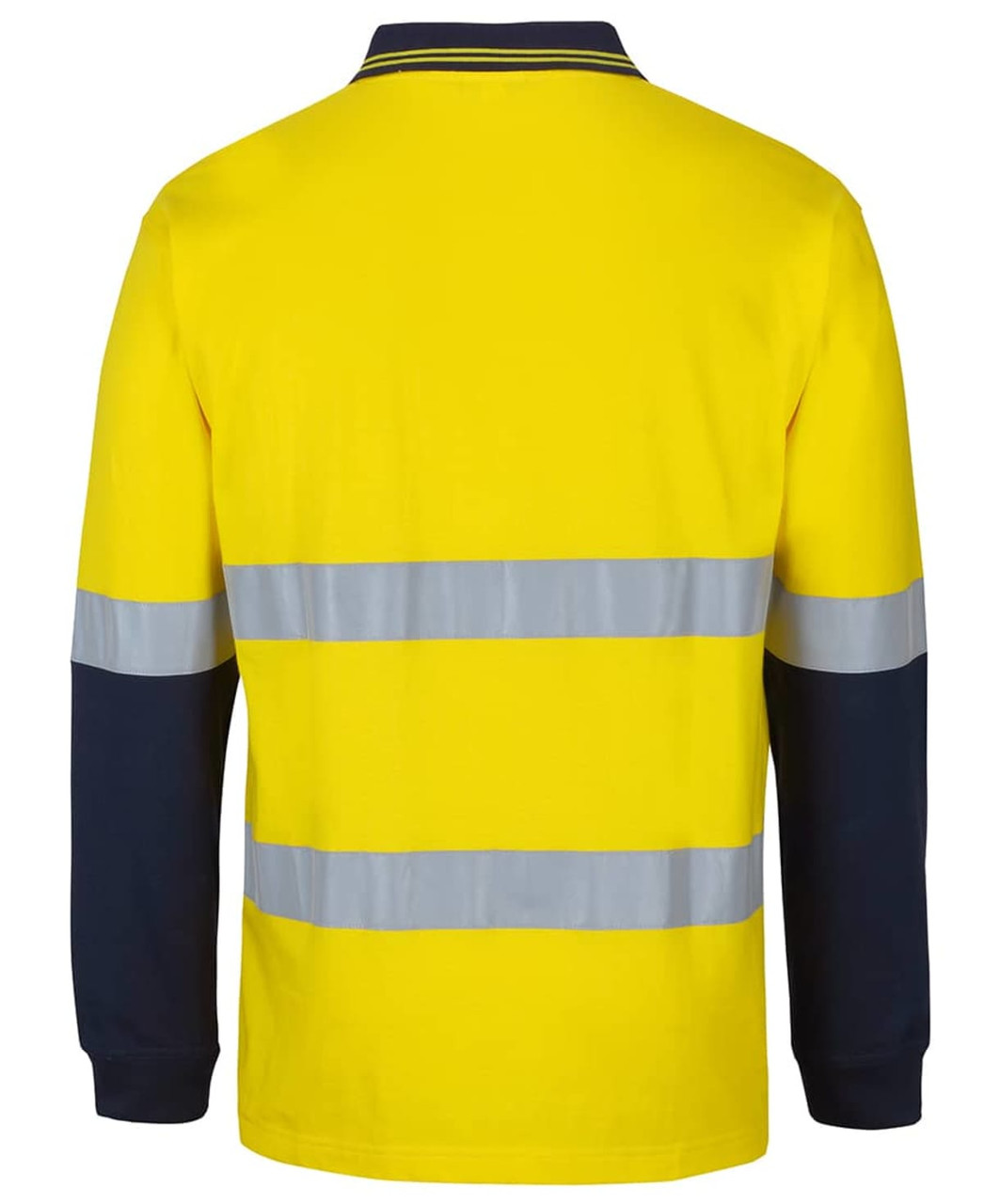 A long-sleeve cotton polo shirt in bright yellow with navy blue sleeves and reflective strips. It has a logo.
