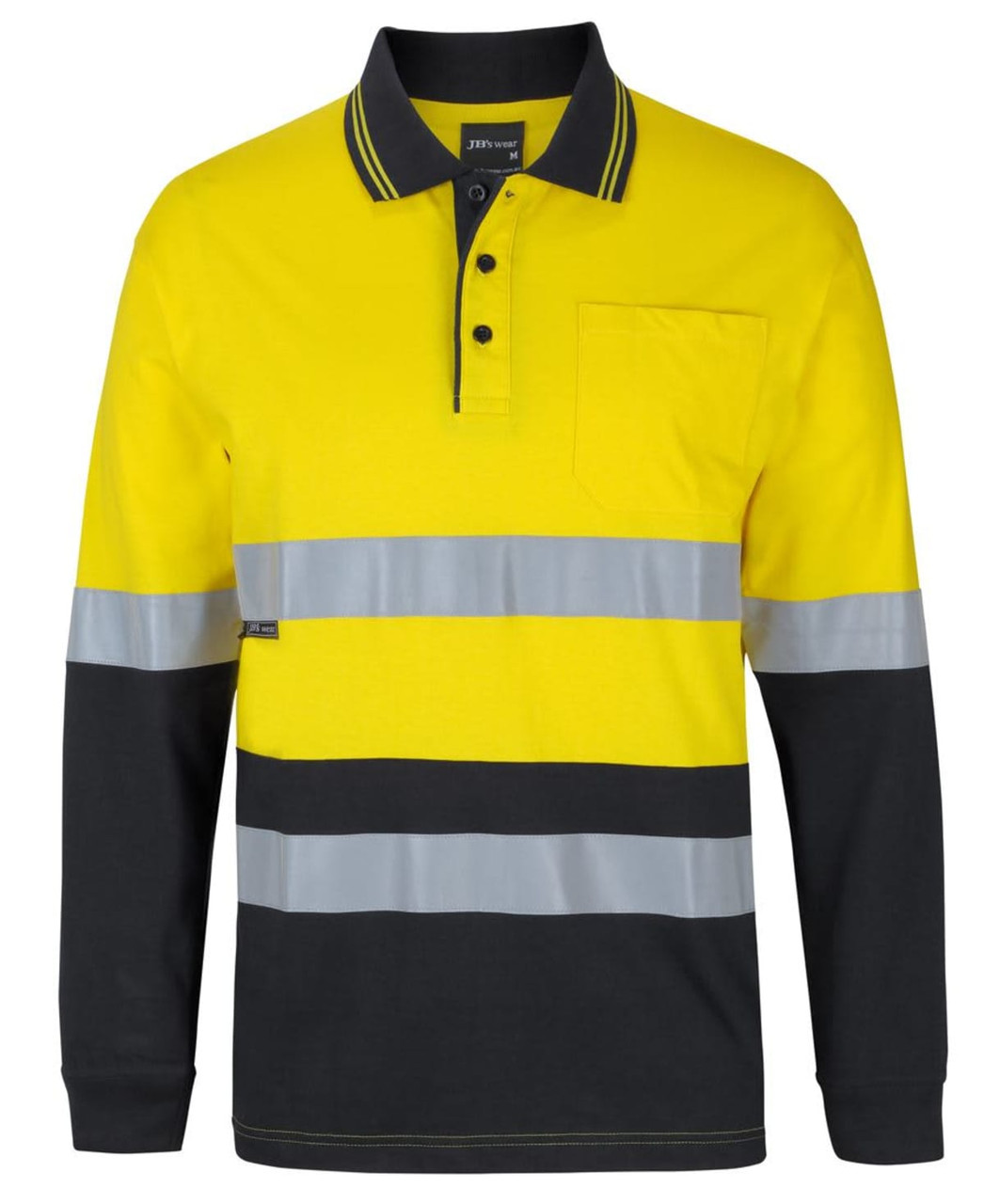 A long-sleeve cotton polo in bright yellow with grey reflective stripes and a black lower section. It features a chest pocket and branding.