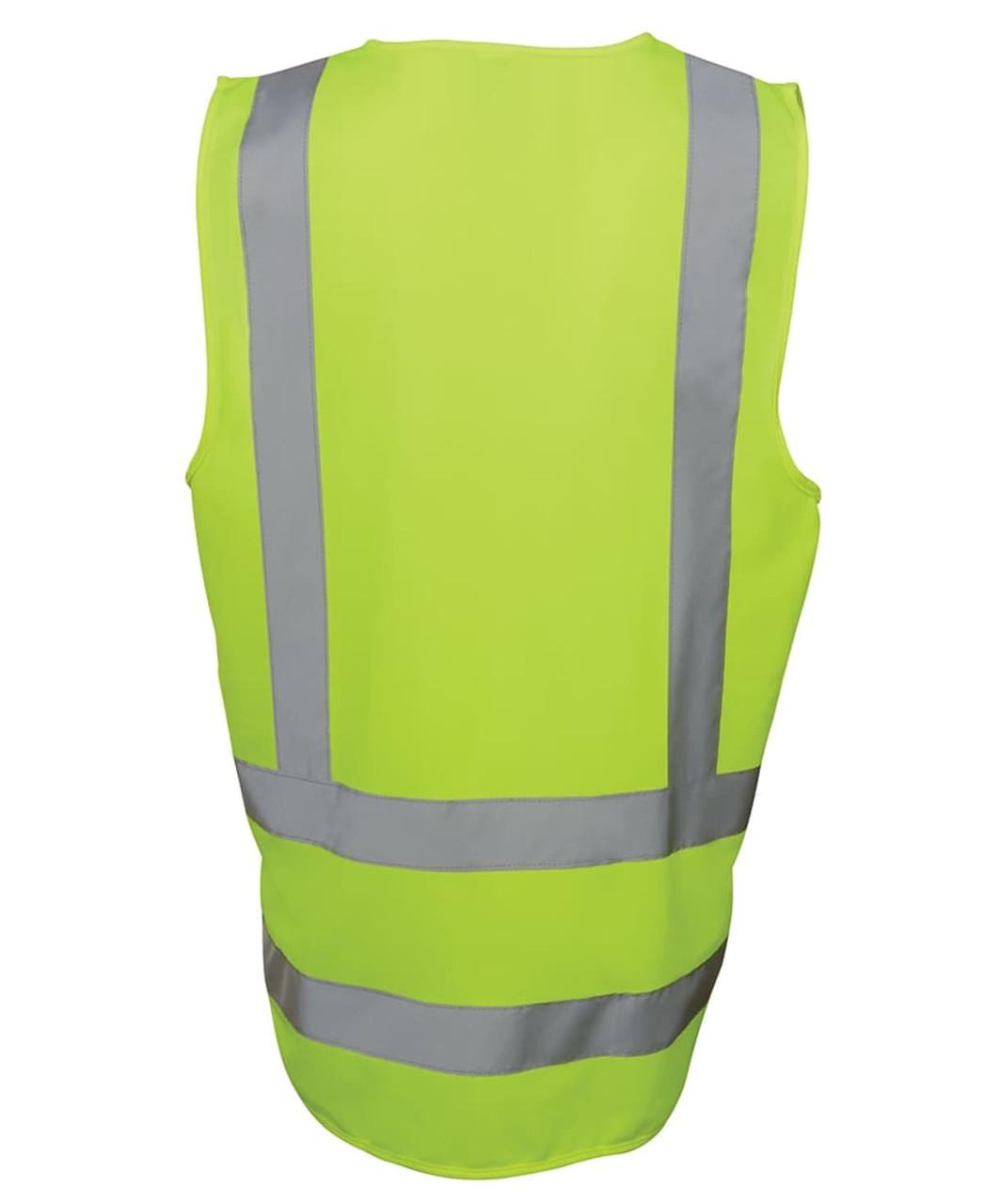 A bright lime work vest with reflective grey stripes and a simple design, featuring a logo on the back.