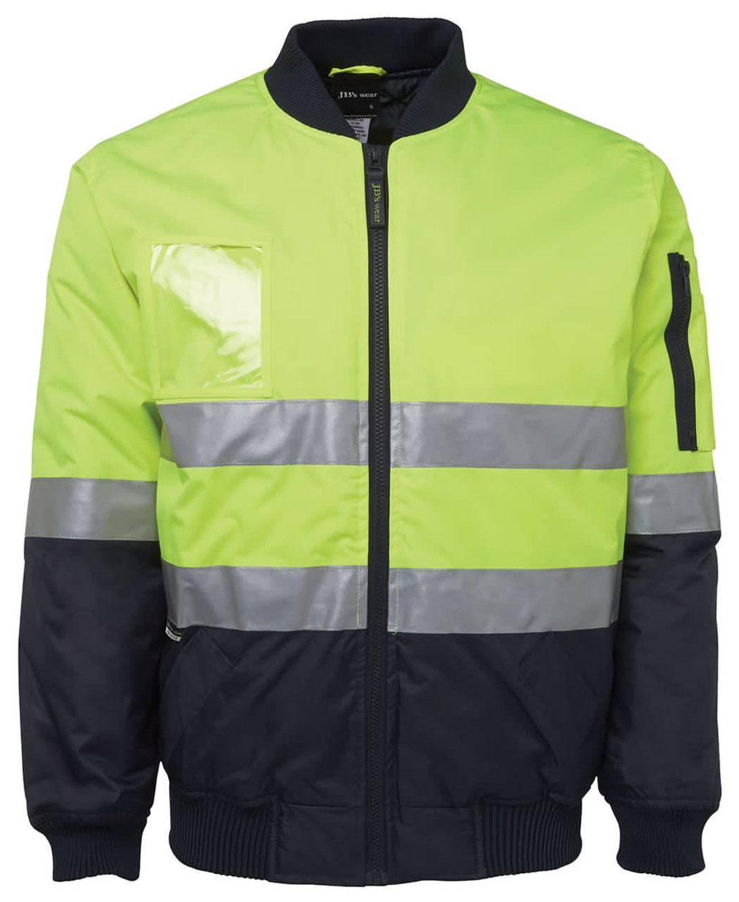 A high-visibility jacket in fluorescent yellow and navy, featuring reflective stripes and a logo.