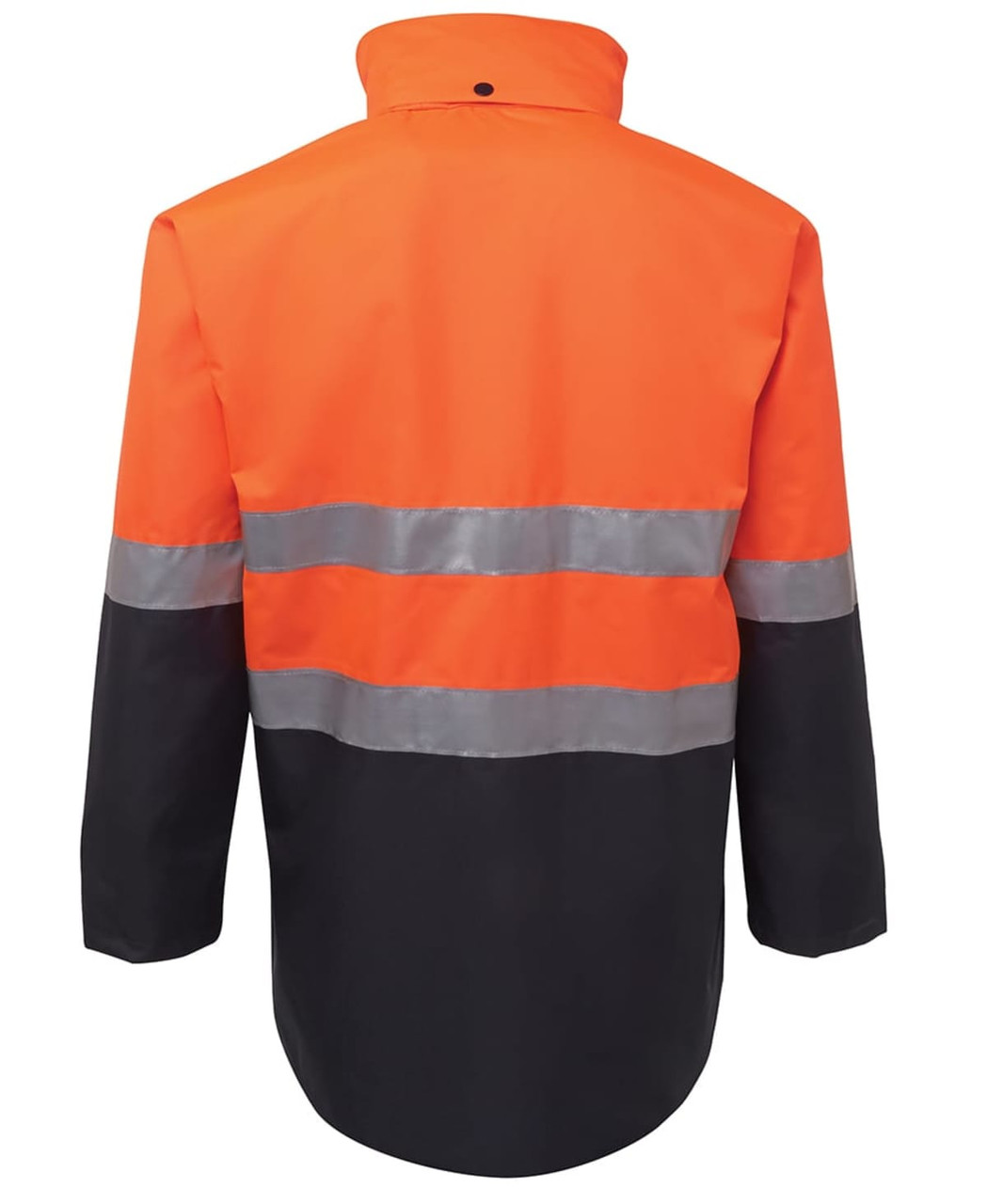A work jacket in high-visibility orange and black, featuring reflective stripes and a collar, with a logo.