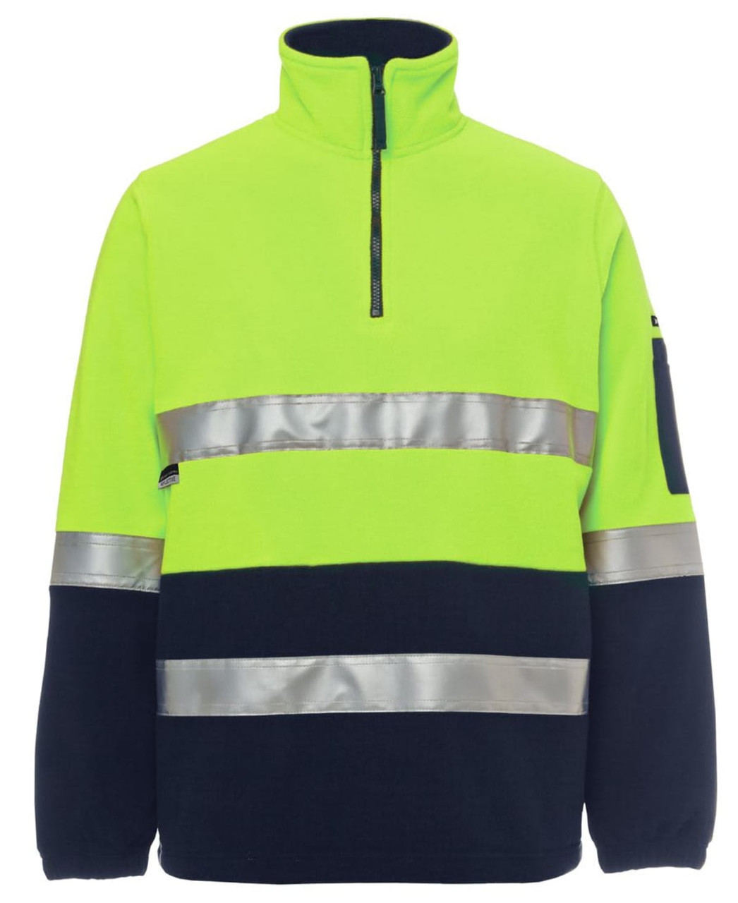A high-visibility polar fleece jumper in bright yellow and navy, featuring reflective strips and a zippered neck.
