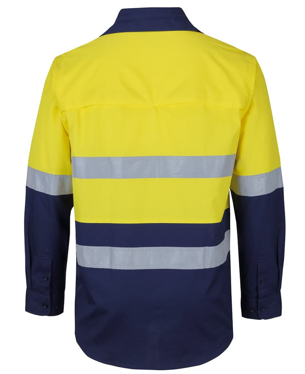 A long-sleeve fishing shirt in bright yellow and navy blue, featuring reflective stripes and a logo.