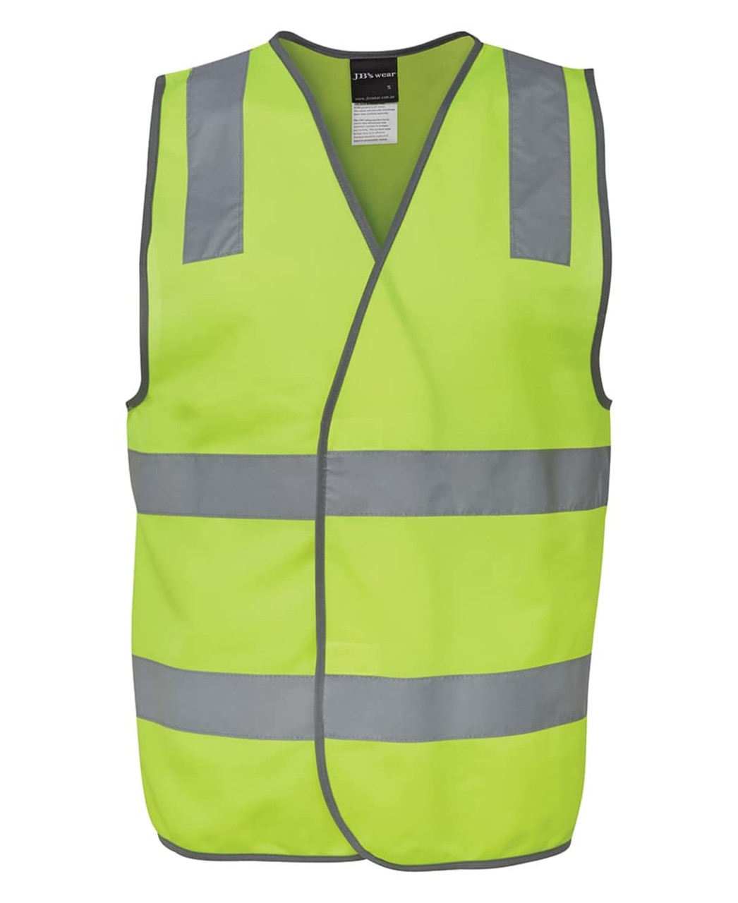A high-visibility safety vest in bright yellow with reflective grey stripes and a logo.