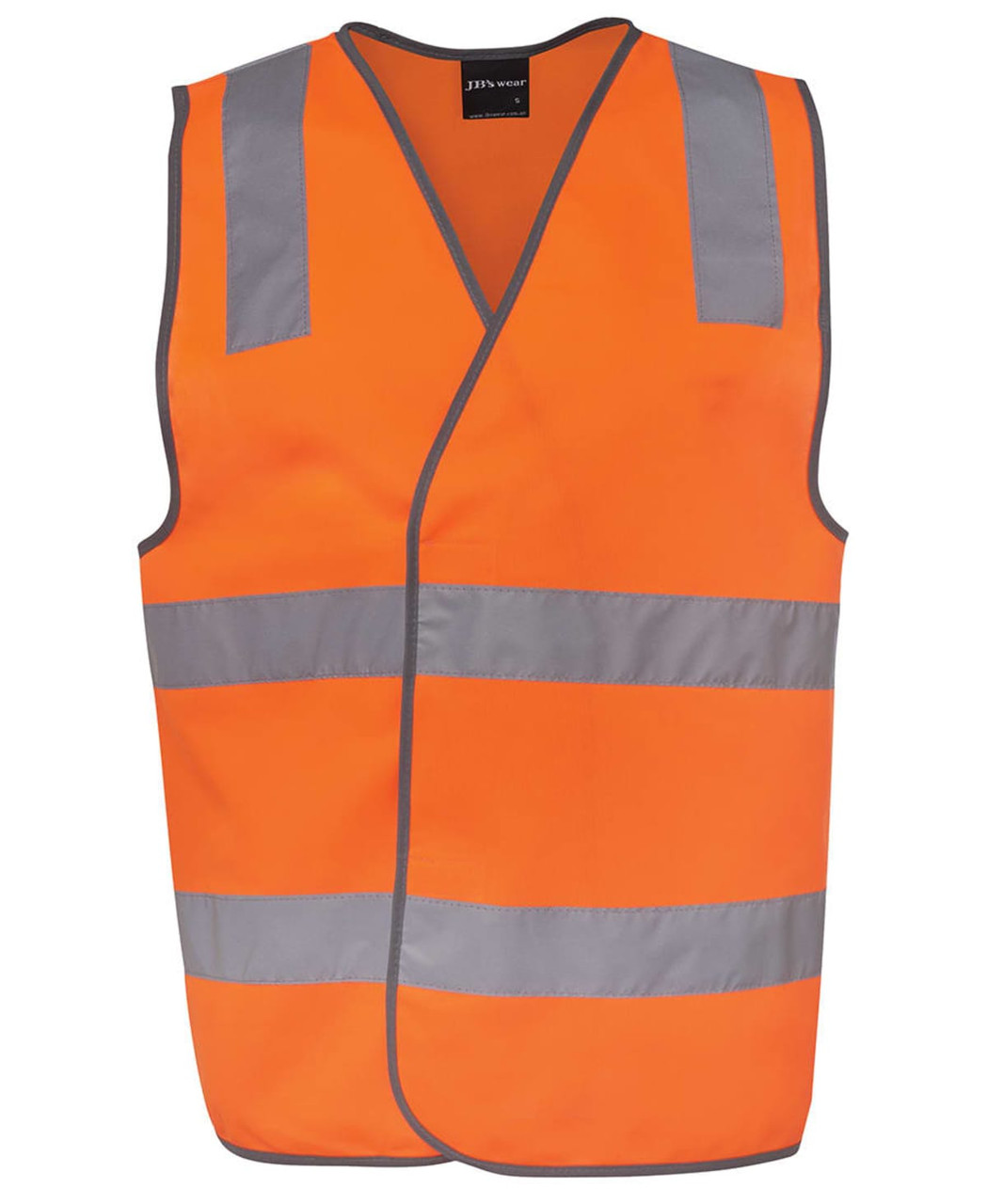 An orange safety vest with reflective silver stripes and a logo. Designed for visibility and safety.