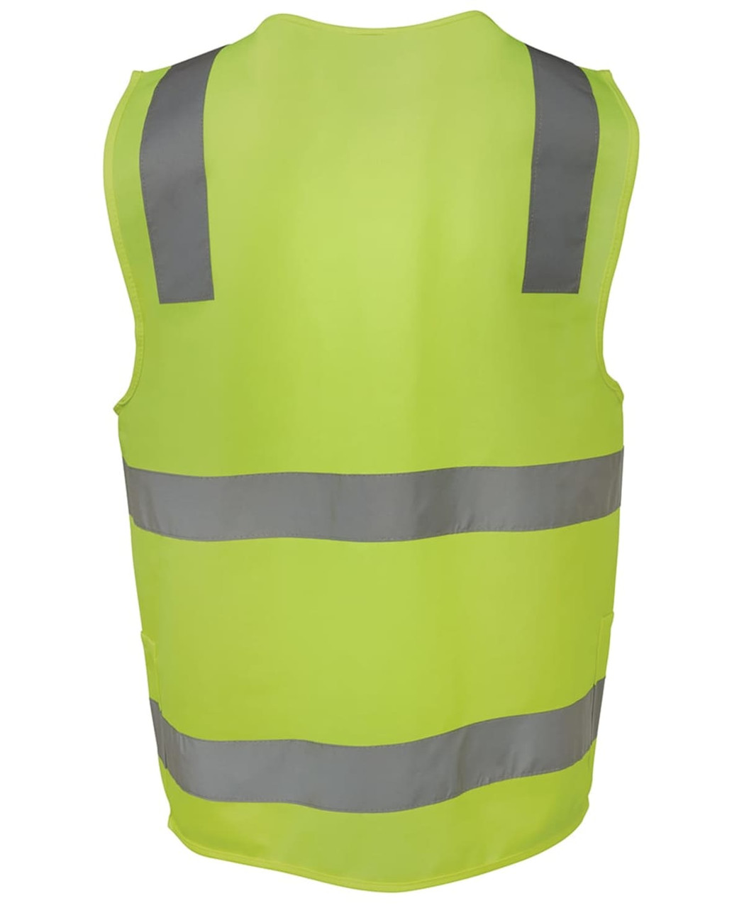 A high-visibility yellow safety vest with grey reflective strips and a logo on the back.
