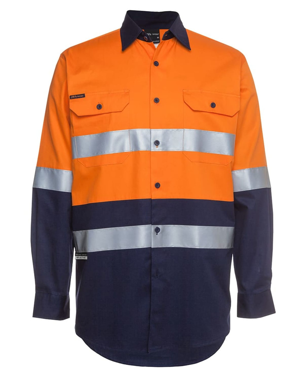 An orange and navy long-sleeve work shirt with reflective stripes and a logo.