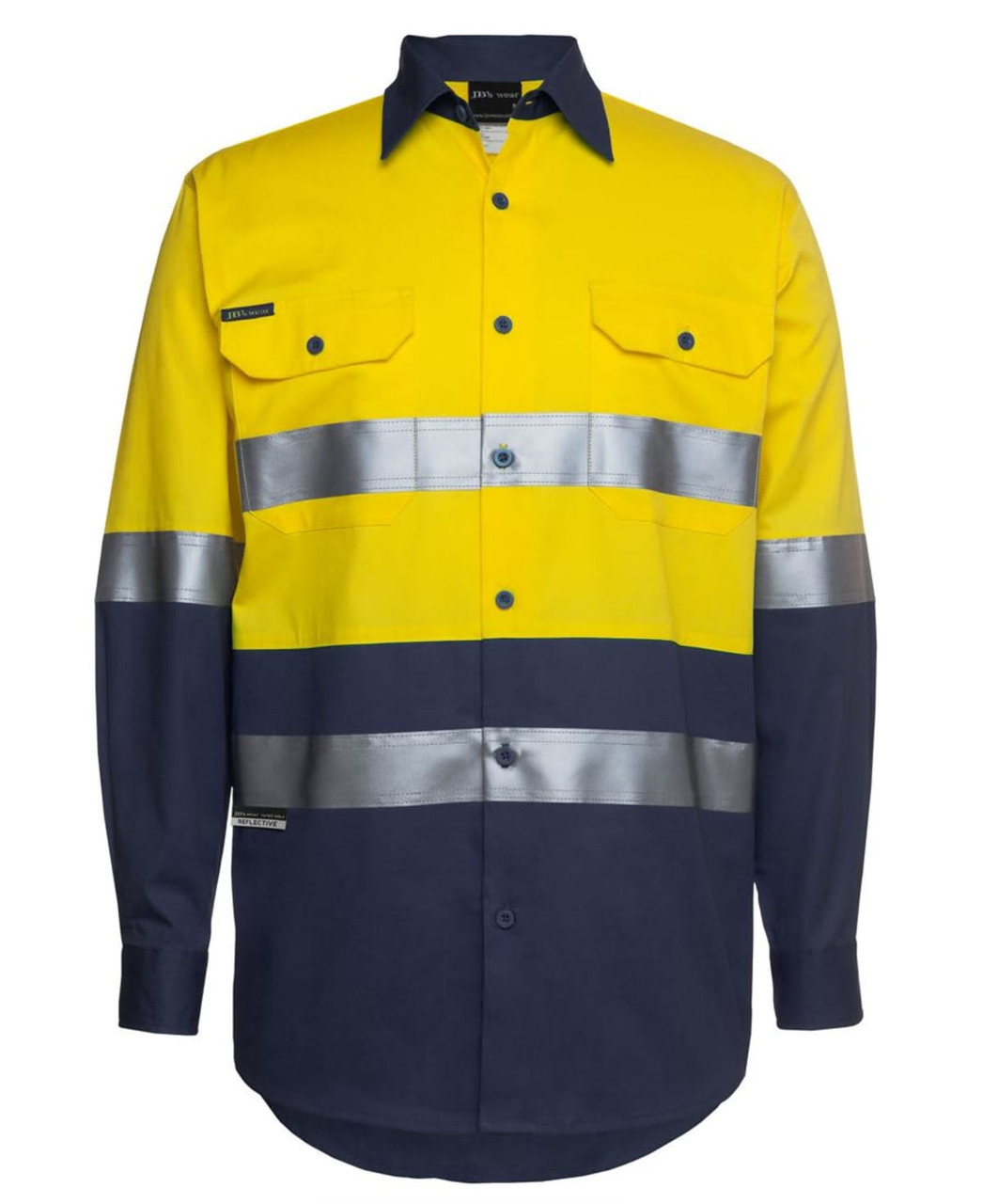 A yellow and navy work shirt with reflective stripes and two chest pockets. Features a logo on the left side.