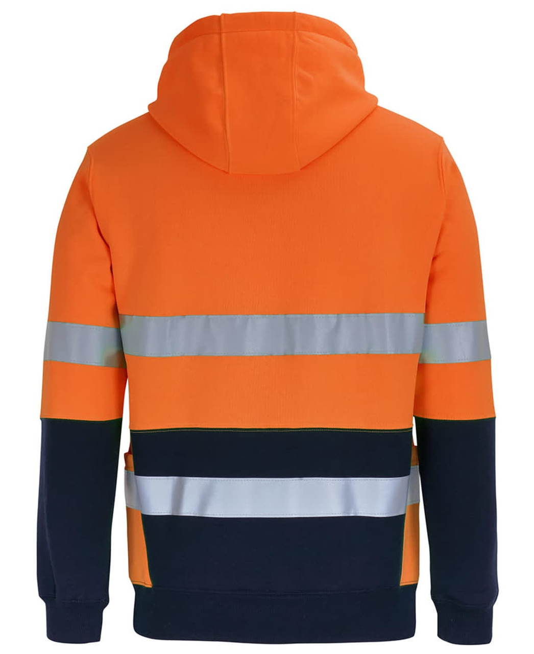 An orange and navy work hoodie featuring reflective stripes and a hood, with branding on the garment.