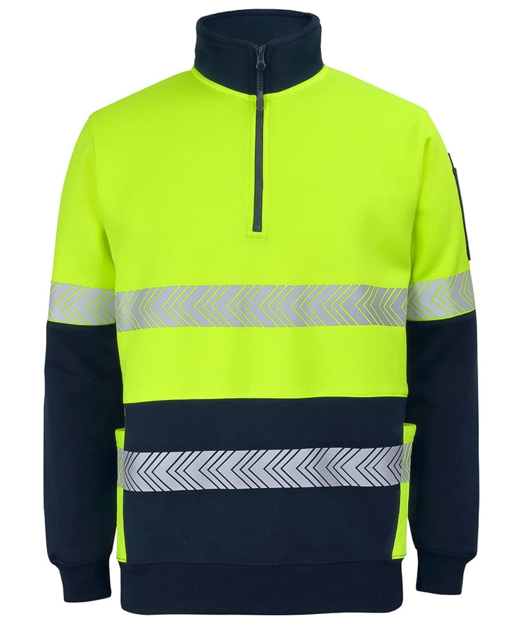 A high-visibility fleece jumper in neon yellow and navy, featuring reflective segmented tape stripes.