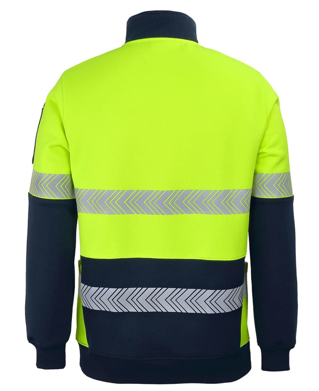 A high-visibility fleece jumper in bright yellow and navy, featuring reflective segmented tape on the back.