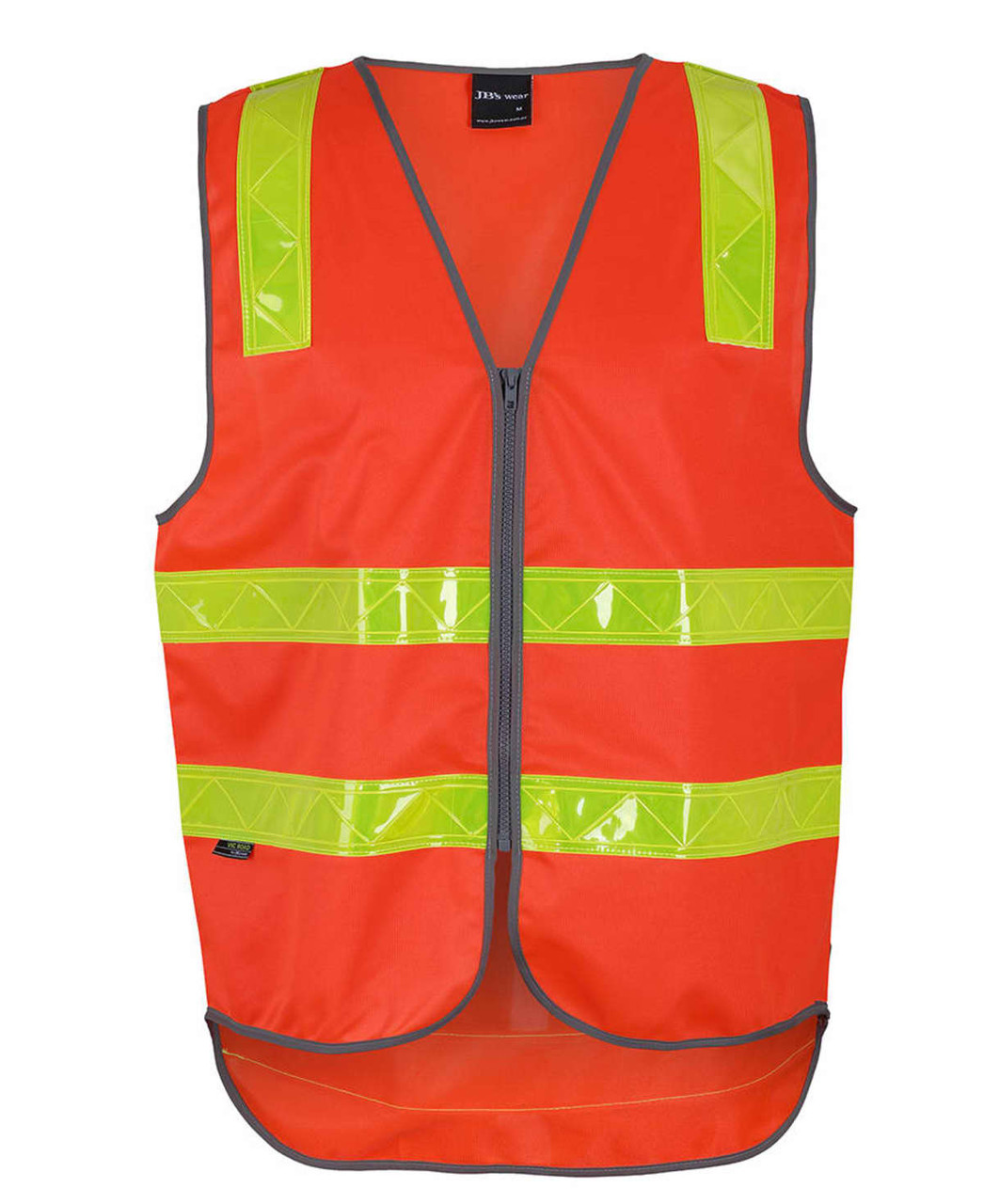 An orange safety vest with reflective yellow strips and a front zipper, featuring a logo.