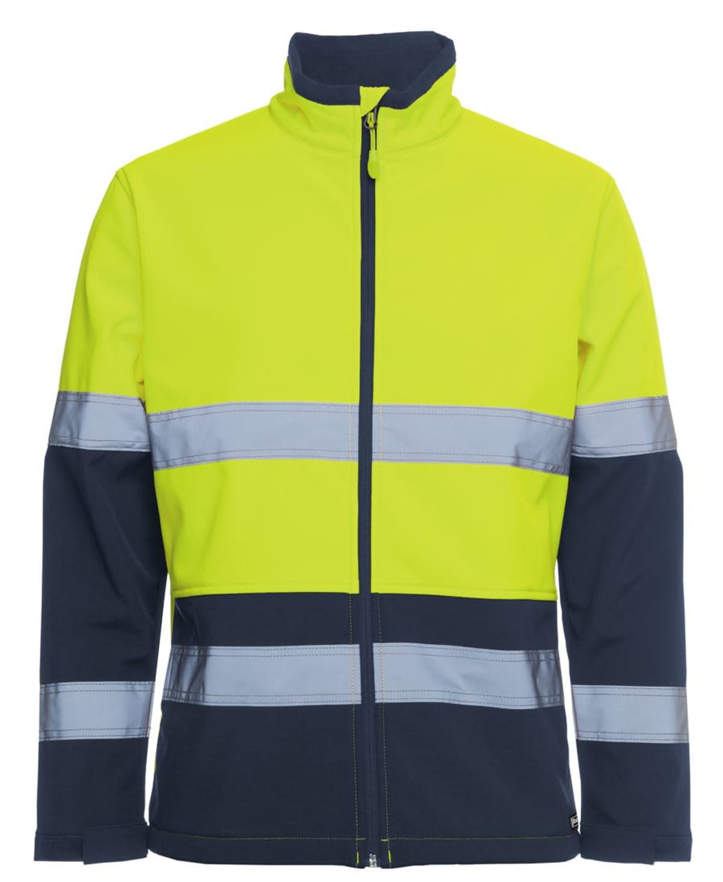 A high-visibility three-layer softshell jacket in fluorescent yellow and navy, featuring reflective stripes and a zip closure.