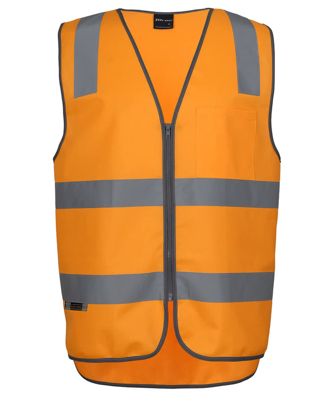 An orange zip safety vest with grey reflective stripes and a front pocket, featuring a logo.