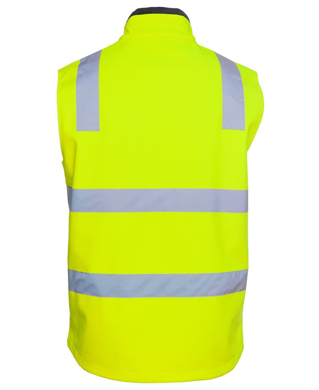 A high-visibility yellow three-layer softshell vest with reflective strips on the back. It features a logo.