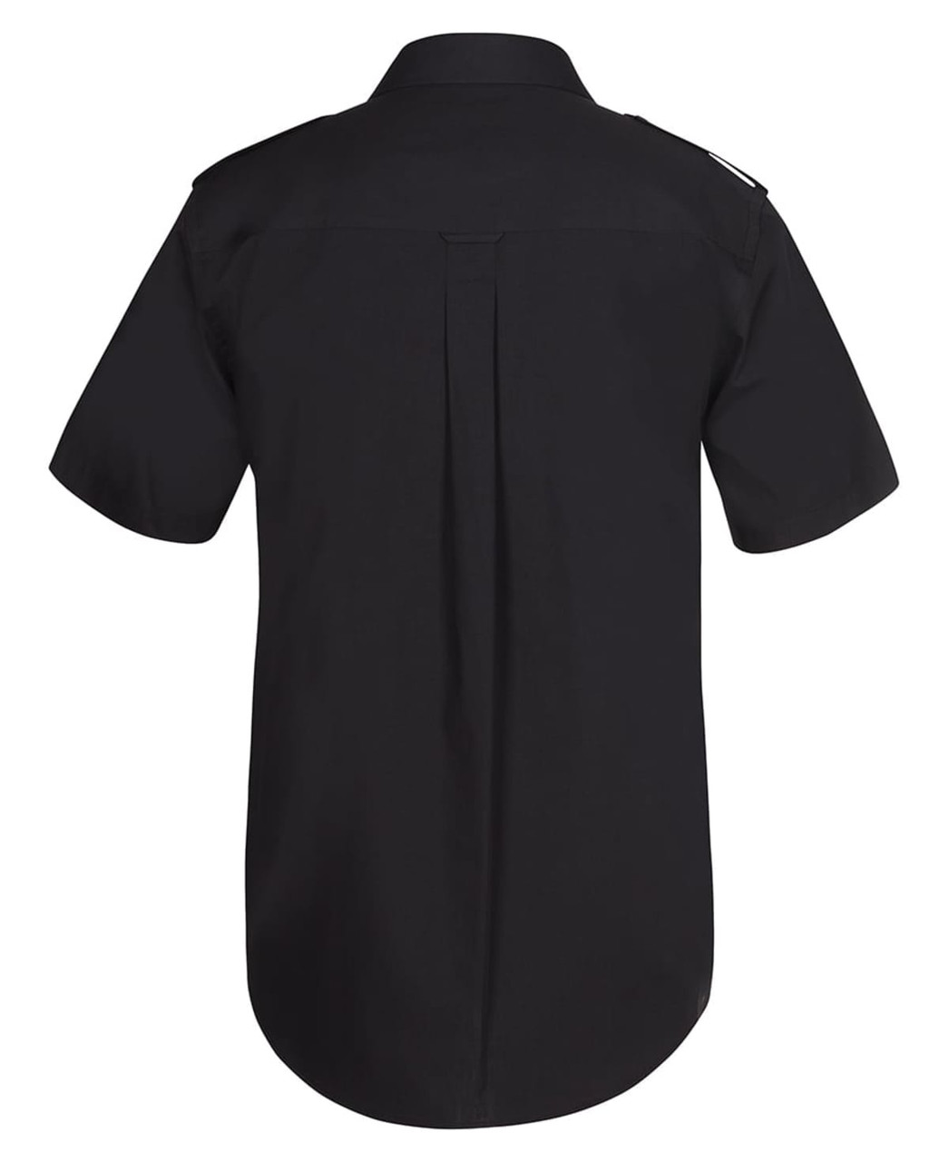 A black button-up shirt with a collar and short sleeves, featuring a back pleat and a logo on the shoulder.
