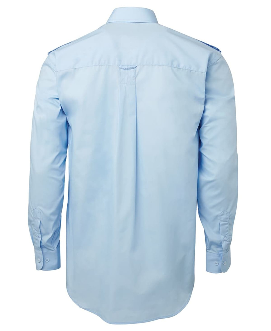 A light blue button-up shirt with long sleeves and a back pleat. The shirt features a logo.