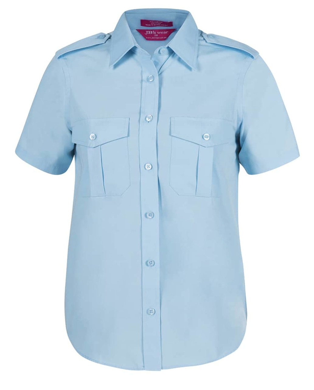 A short-sleeved, button-up shirt in light blue with epaulettes and two chest pockets. It features a logo.