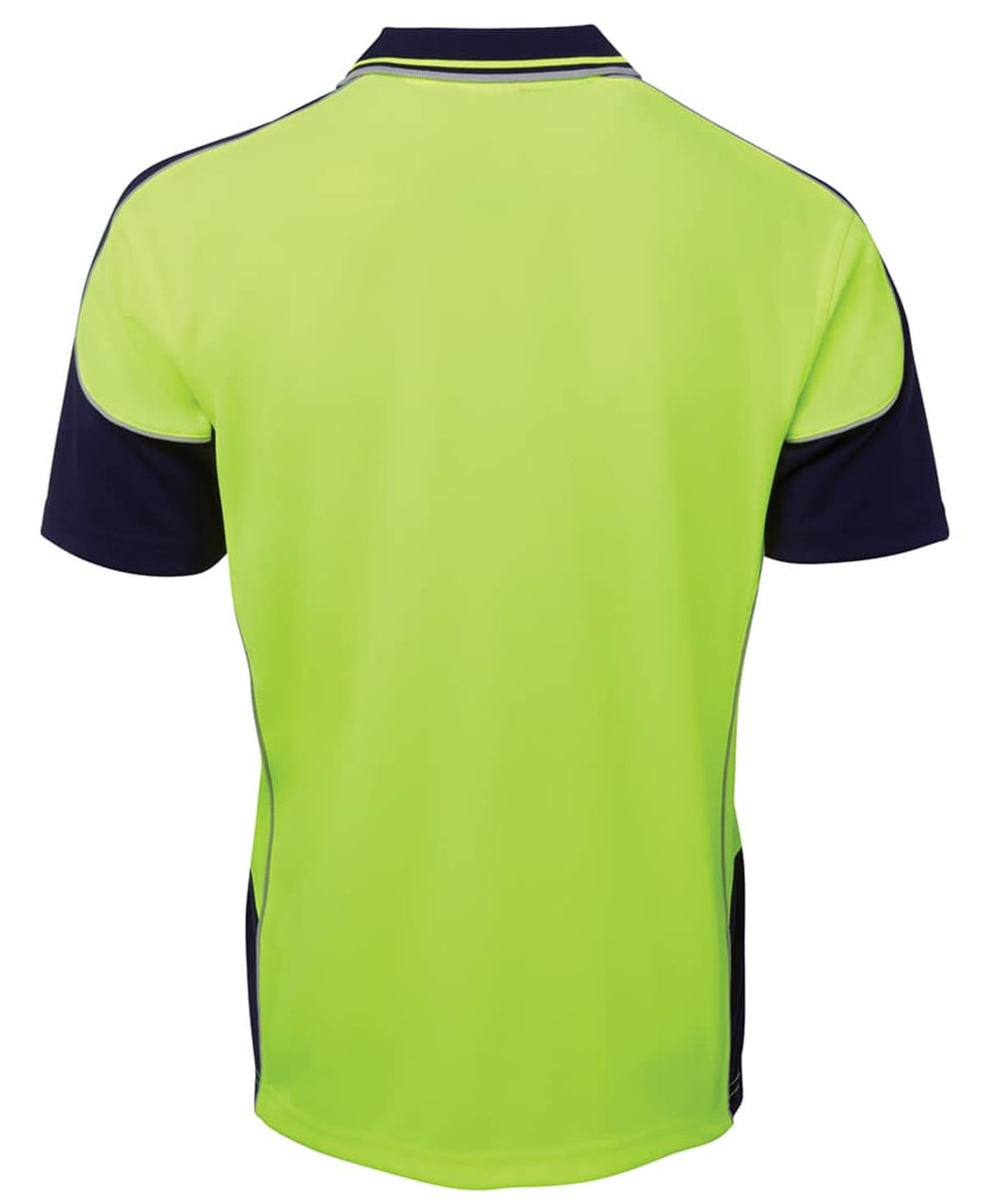 A bright lime green and navy polo shirt featuring contrast piping and a logo. Back view showcasing the design.