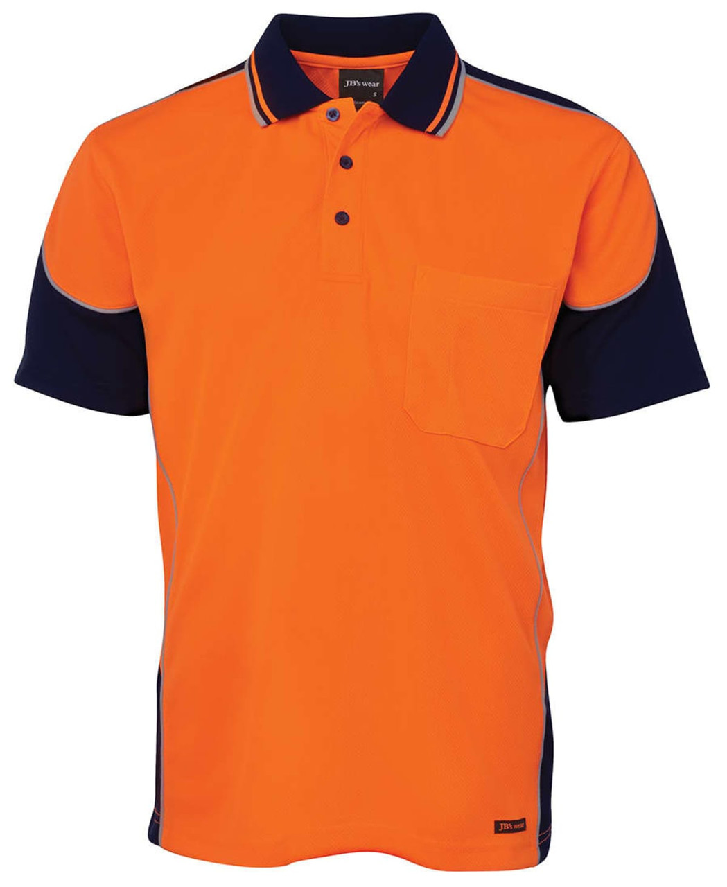 An orange and navy polo shirt featuring contrast piping and a front pocket. It has a logo.