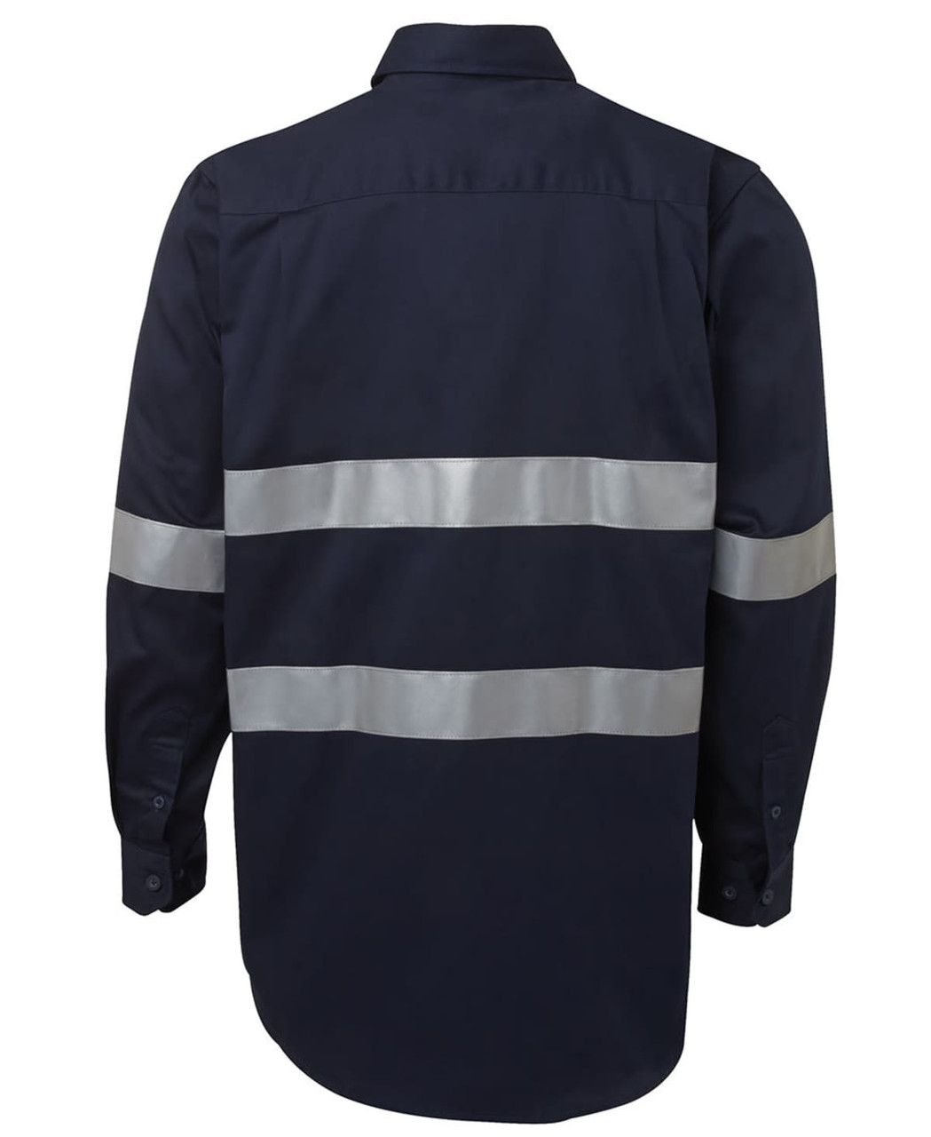 A navy work shirt with silver reflective stripes, featuring long sleeves and a back view. It includes a branding logo.