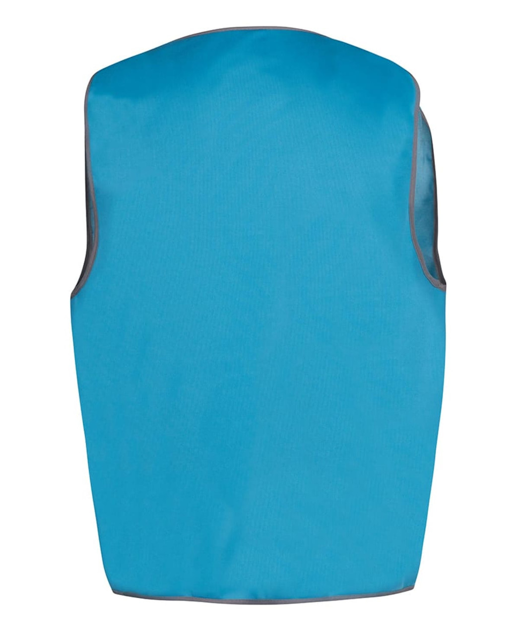 A blue work vest with grey trim featuring a logo, designed for workwear use.
