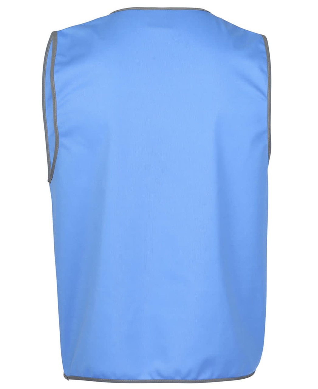 A blue work vest with grey trim and no sleeves. The back view highlights the simple design and material.